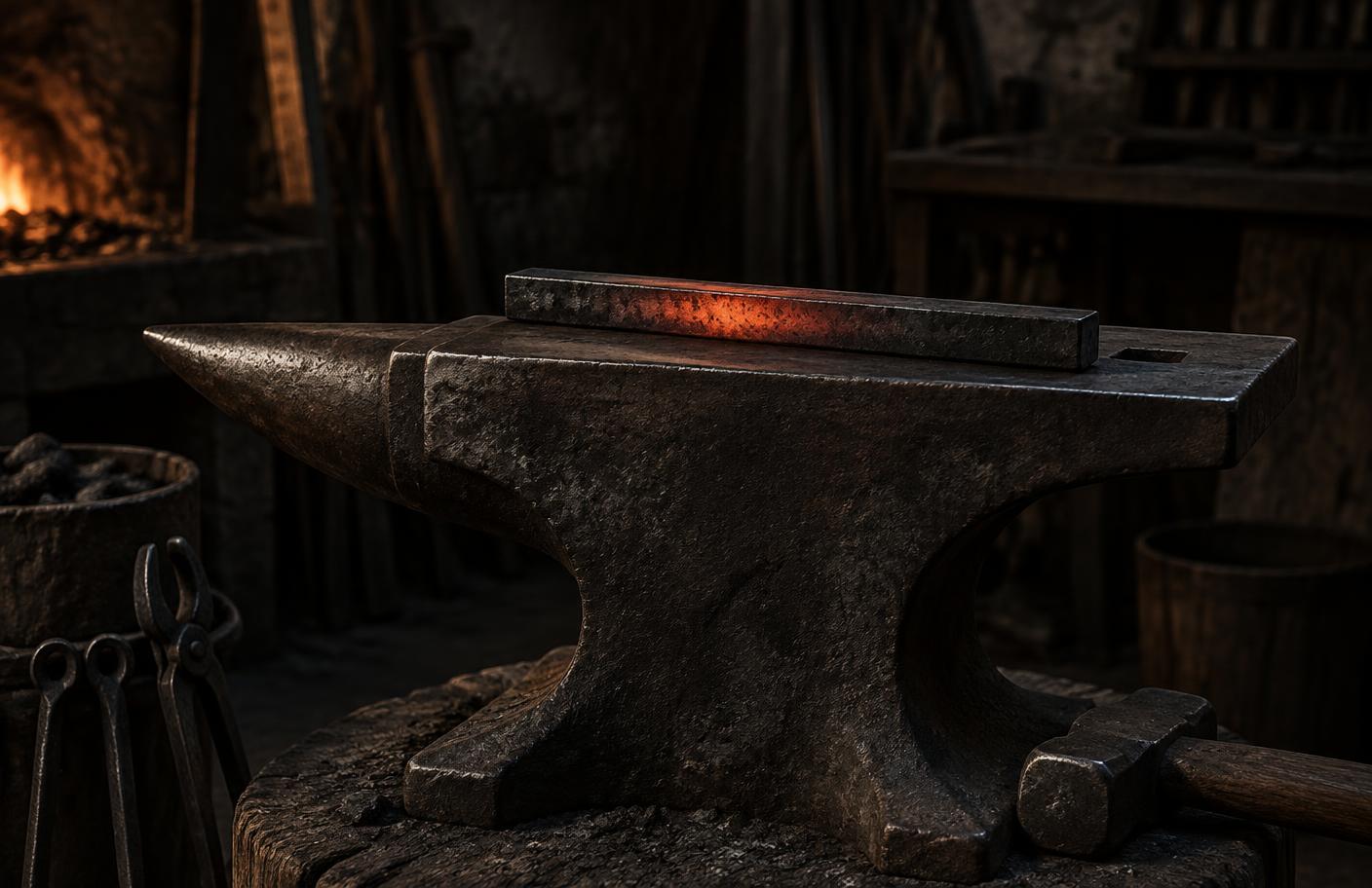 A heated iron bar resting on an anvil