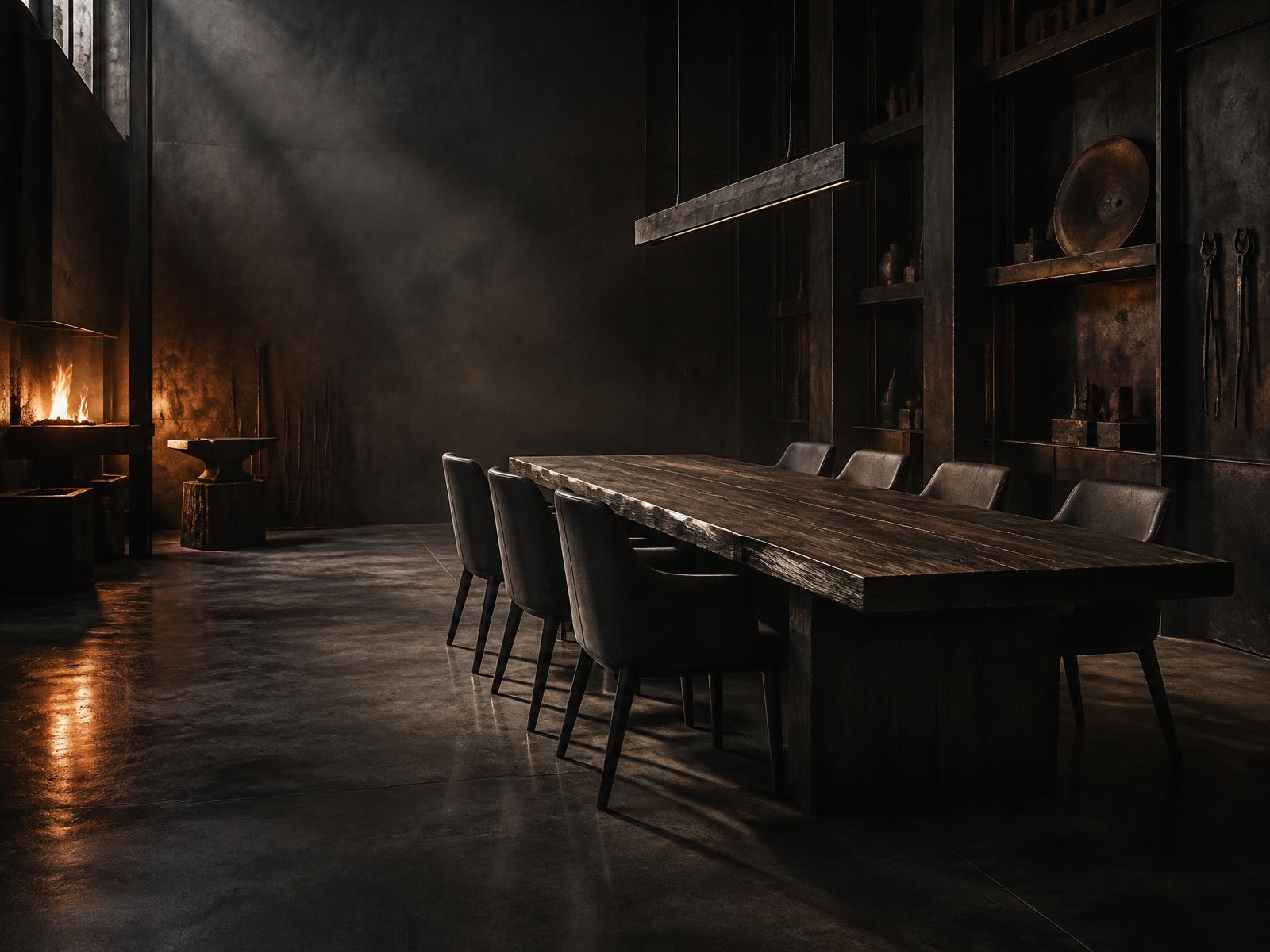 An empty founders table in a private iron workshop